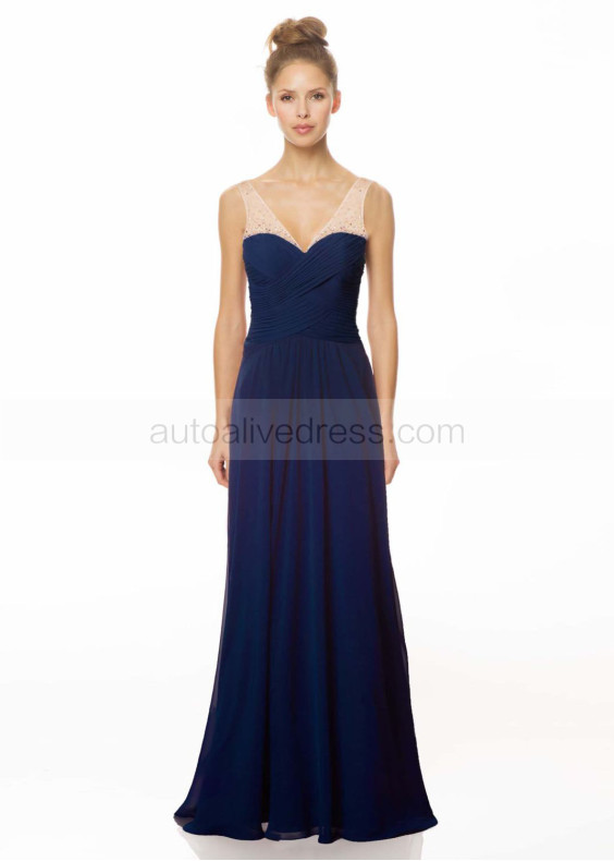 A-line V Neckline Navy Blue Beaded Chiffon Prom Dress
